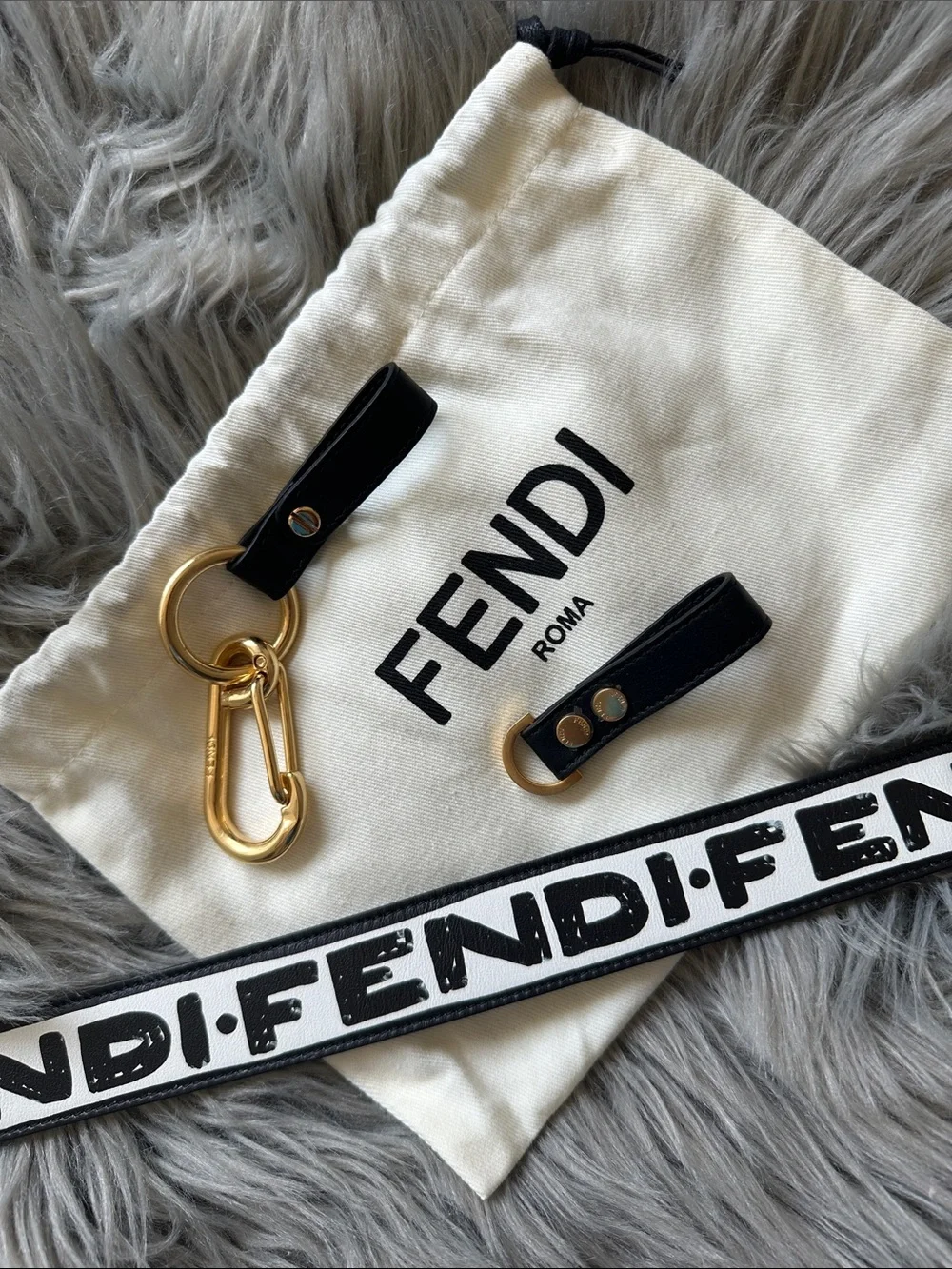 Authentic Fendi Black and White Logo Leather Shoulder Strap with Gold Hardware